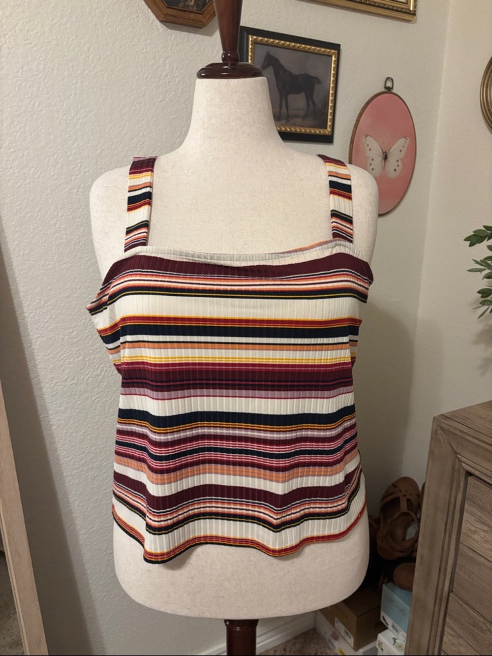 Lane Bryant Striped Square-Neck Tank Top in Burgundy and Multi-Size 18/20